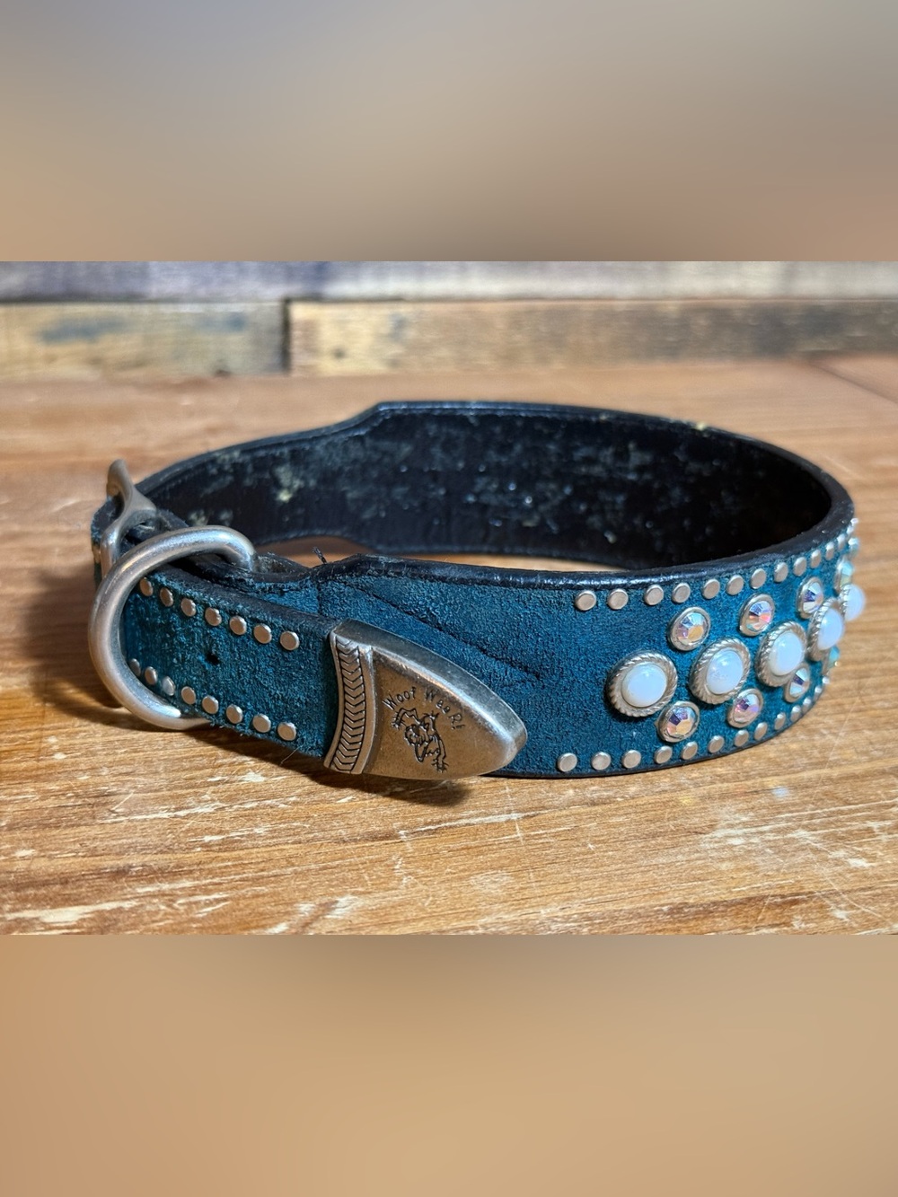 Woof Wear Blingy Blue Studded Dog Collar Suede Diamond and Pearl Western Vtg 97